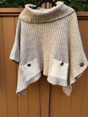 Anthropologie Moth Cream Ribbed Cowl Neck Poncho Sweater